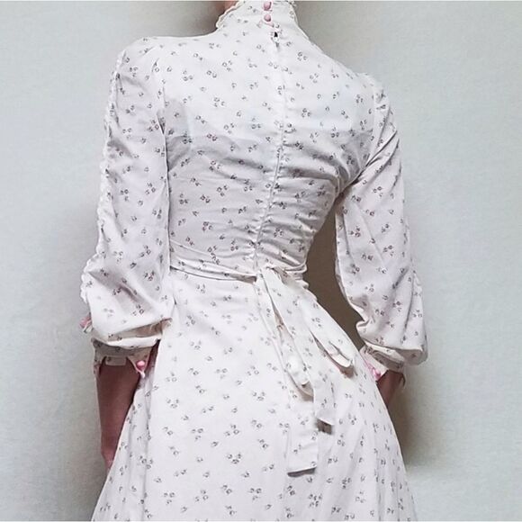 Vintage 1970s Pink Floral Lace Lattice Ribbon Bustier Antebellum Maxi Dress - Picture 7 of 16